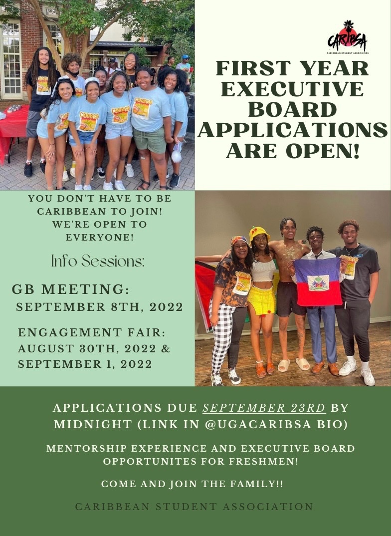 UGACaribSA's tweet photo. If you are interested in joining FYE and/ or joining us to concession at football games, link is in our bio. Also join us for our first GB meeting of the semester September 8th! https://t.co/Ehv7MViYJF