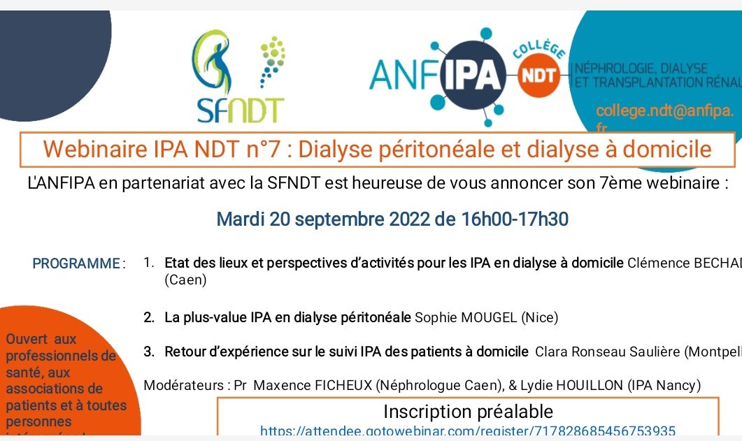 Rdv le 20/09/2022 pour le prochain webinaire IPA NDT, avec une thématique d'actualité : le suivi à domicile. Inscription gratuite.
#anfipa #sfndt #cnpipa #afidtn