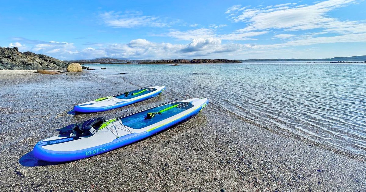 robtomlin's tweet photo. What an adventureโฆ a short break to the far side of Isle of Mullโฆ a stonking circular cycle ๐ด๐ปโโ๏ธ๐ดโโ๏ธ ride from Tobermory via Calgary Bay, an epic SUP ๐โโ๏ธ๐โโ๏ธ across the straights to Iona for an ice cream ๐ฆ, and otter ๐ฆฆ watching from our beach-side camping pitch ๐. #jobeSUP https://t.co/kSWRpZXr06