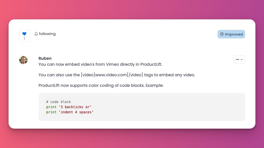 R_ubenBuijs's tweet image. Improved text formatting in @ProductLiftDev 
Now allows color coding of code, Vimeo embeds, and other video embeds 🙌
#buildinpublic #makersneakpeek
feedback.productlift.dev/p/improved-mar…