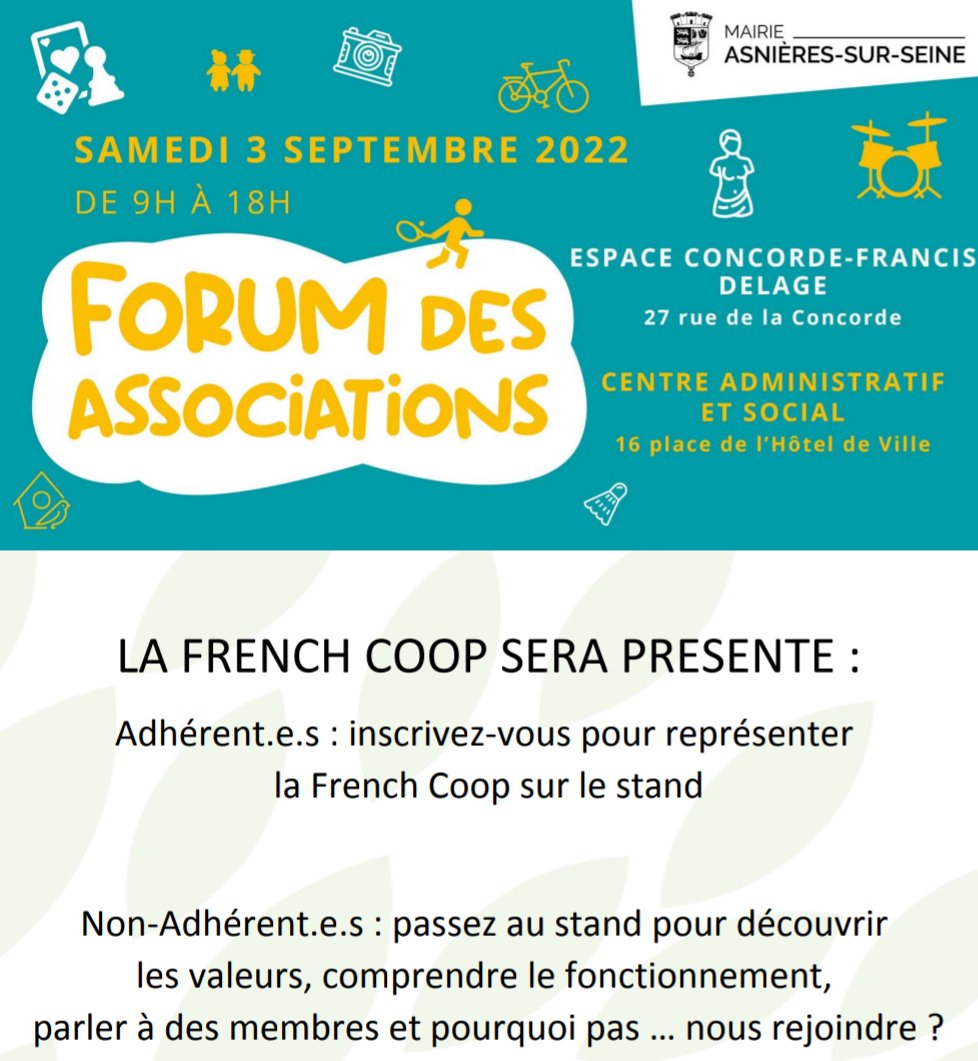 C'est la #rentrée à #asnieres , venez voir la <a href="/FrenchCoop/">LesAmisdelaFrenchCoop</a> au forum 2022!