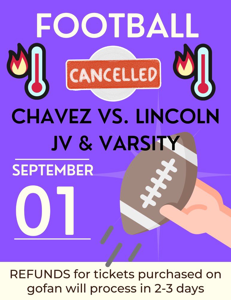 In the interest of the health of our student athletes, tonight’s JV and Varsity football games have been cancelled. Refunds will be processed through the app.