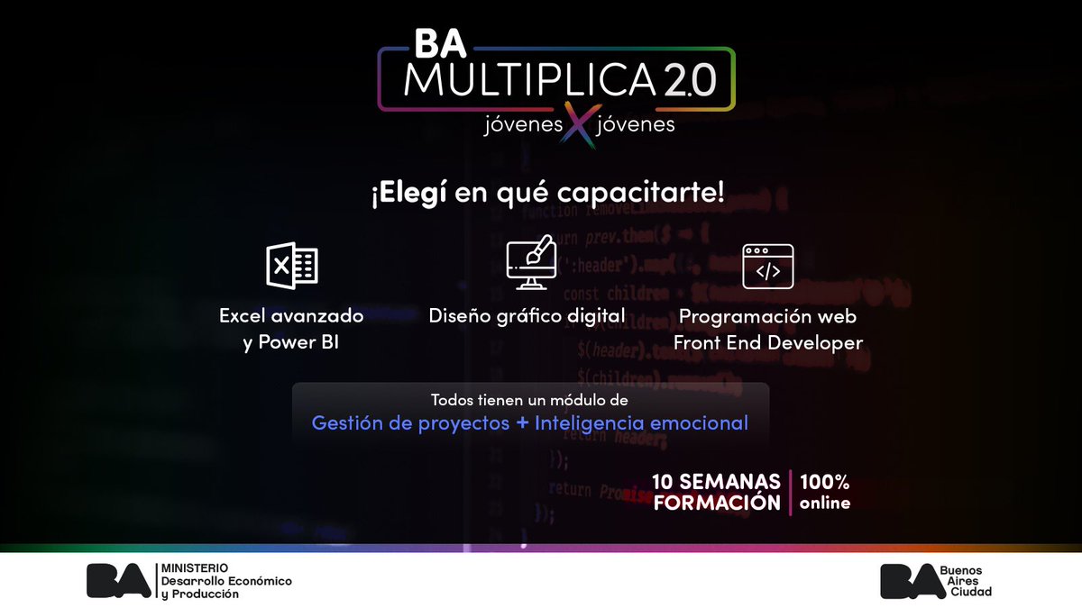 Llega BAMultiplica2.0, con capacitaciones en: 

🧑‍💻Programador Web Inicial - Front End Developer
📊Excel avanzado y Power BI inicial
🖋Diseño gráfico digital
(¡con módulos de inteligencia emocional y gestión de proyectos!)

10 semanas y 100% virtual 👉🏻 bit.ly/3B7MaVh