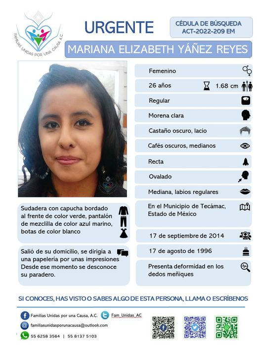 #NosFalta 
Mariana Elizabeth Yáñez Reyes 
26 años #Desap 17/09/14
En #Tecámac #Edomex RT <a href="/SS_Edomex/">Secretaría de Seguridad del Estado de México</a> <a href="/soymexiquense/">EdoMex</a> <a href="/LauraGlezEDOMEX/">Laura González</a> <a href="/misabelish/">Isabel Sánchez Holguín</a> <a href="/UltraEdomex/">Ultra Violeta - Espacia Feminista EDOMEX</a> <a href="/SeMujeresEdomex/">Secretaría de las Mujeres</a> <a href="/i_alaniis/">Itzel Cruz Alanís</a> <a href="/alejandraguayoa/">Ale Aguayo ♡</a> <a href="/PitaOjedaSoy/">Pita Ojeda</a> <a href="/DoreFerriz/">Dore Ferriz Híjar🇲🇽</a> @AMXNoticias <a href="/botDesaparecidx/">BotDesaparecidx</a> <a href="/SIW_12/">🇲🇽 Servicios Warrior 🇲🇽</a> <a href="/ElPulsoEM/">El Pulso del Edomex</a>