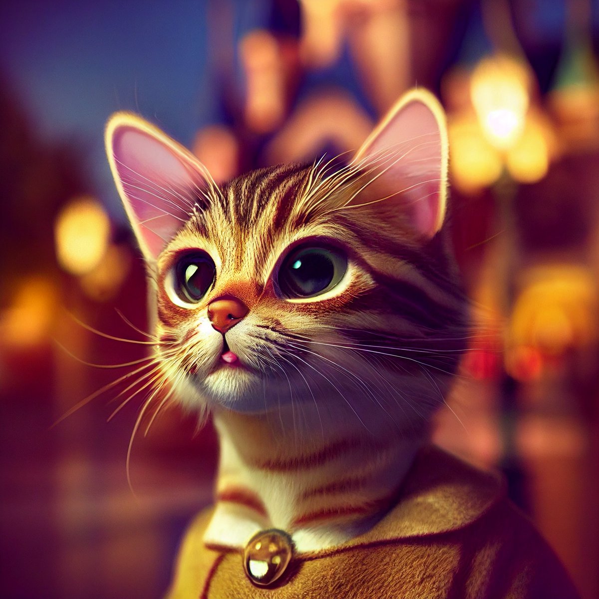 Here is an imaginary picture of our cat as a kitten standing in front of Cinderella Castle in a cute outfit - because she would bite us if we actually tried to do it for real. #thanksmidjourney
