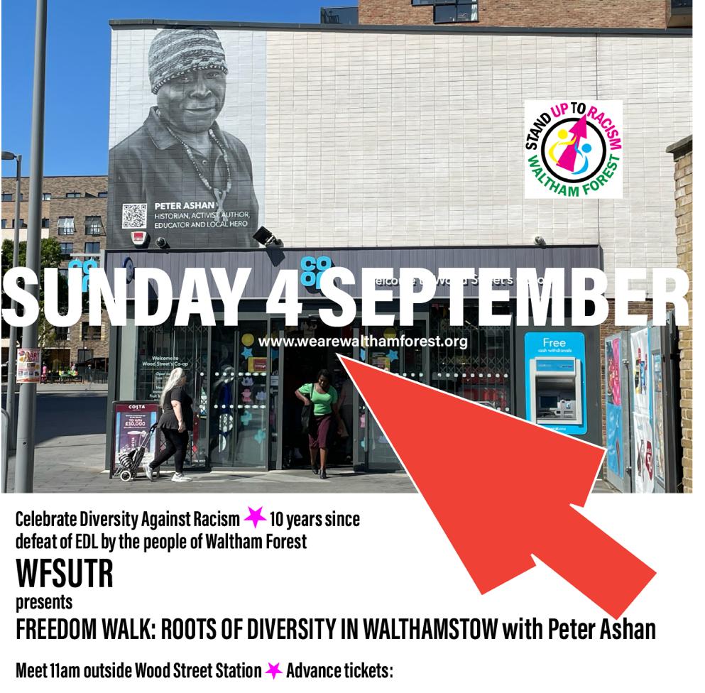 Book your ticket and join Peter Ashan on a Freedom Walk starting from Wood Street Station to discover East London's Black history. 
This Sunday, 4th September, meeting at 11am. You won't want to miss it!🤩
Please click on the link for tickets for the walk eventbrite.co.uk/e/freedom-walk…