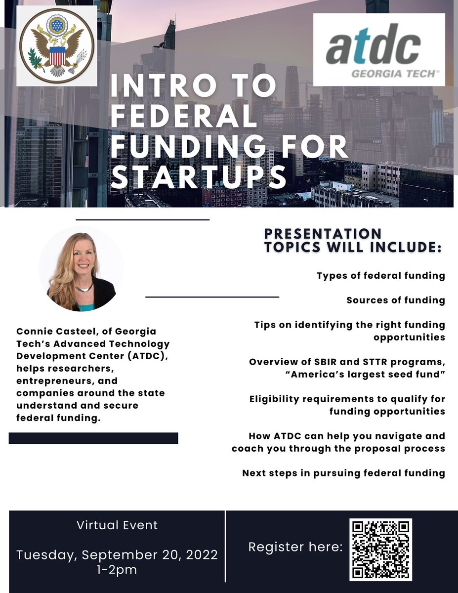 <a href="/CCasteel2/">CCasteel</a>, ATDC Catalyst and SBIR expert, is virtually hosting Intro to Federal Funding For Startups Tuesday, September 20th from 1pm - 2pm. Register here: portal.atdc.org/s/community-ev…