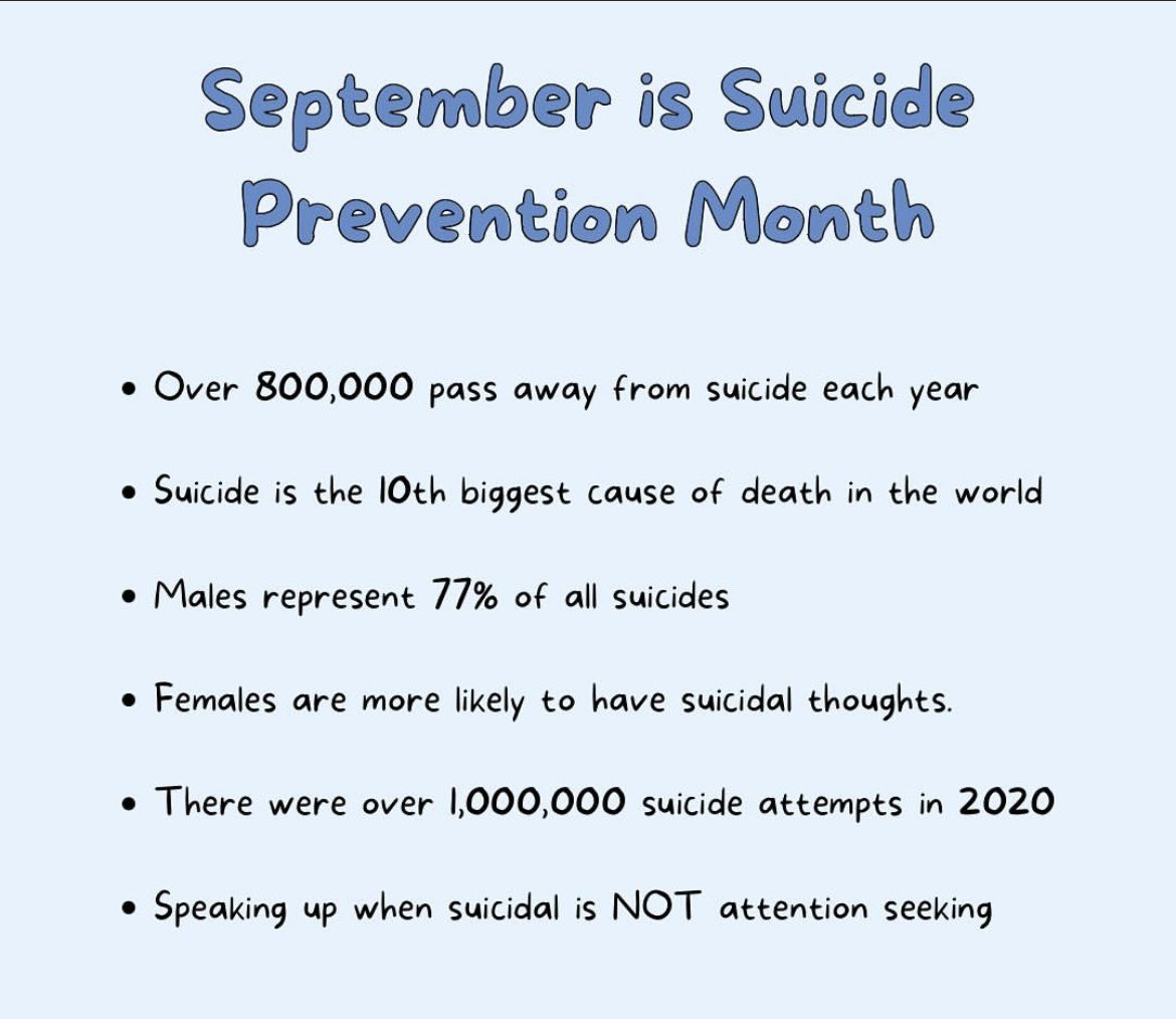 mentalhealth4UK's tweet image. September is suicide prevention month. 

Reach out to your friend who you haven’t spoken to for a while. 

Reach out if you feel you need support. 

Reach out to those who are bereaved. 

Smile at that stranger in the street. 

Be kind and be there for others. 
#SuicidePrevention