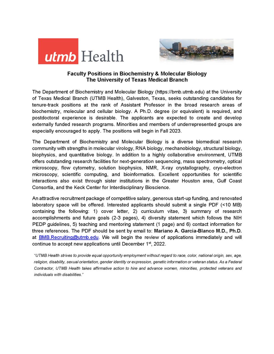 BMB is looking for Assistant Professors.
utmb.edu/bmb/department…

BMB Website - bmb.utmb.edu