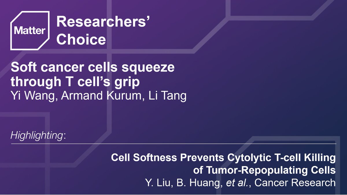 Matter_CP's tweet photo. Yi Wang, @ArmandKurum, & @Tang_Lab_EPFL highlights new progress in manipulating mechanical properties of cells to enhance cancer #immunotherapy
#MatterIssue38 Preview: https://t.co/BpWbkOnUzQ
@aacr Cancer Research article: https://t.co/LrdHTtjeTj https://t.co/f0tpVXrmTv