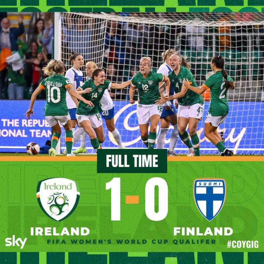 Huge Congrats to #Ireland ☘️🇮🇪#IRLWNT securing second spot in their group and that vitally important place in the #FIFAWWC World Cup🏆⚽️ Play-Offs in front of a record crowd in @TallaghtStadium #Dublin

#COYGIG☘️🇮🇪🎉🥳

#IRLFIN