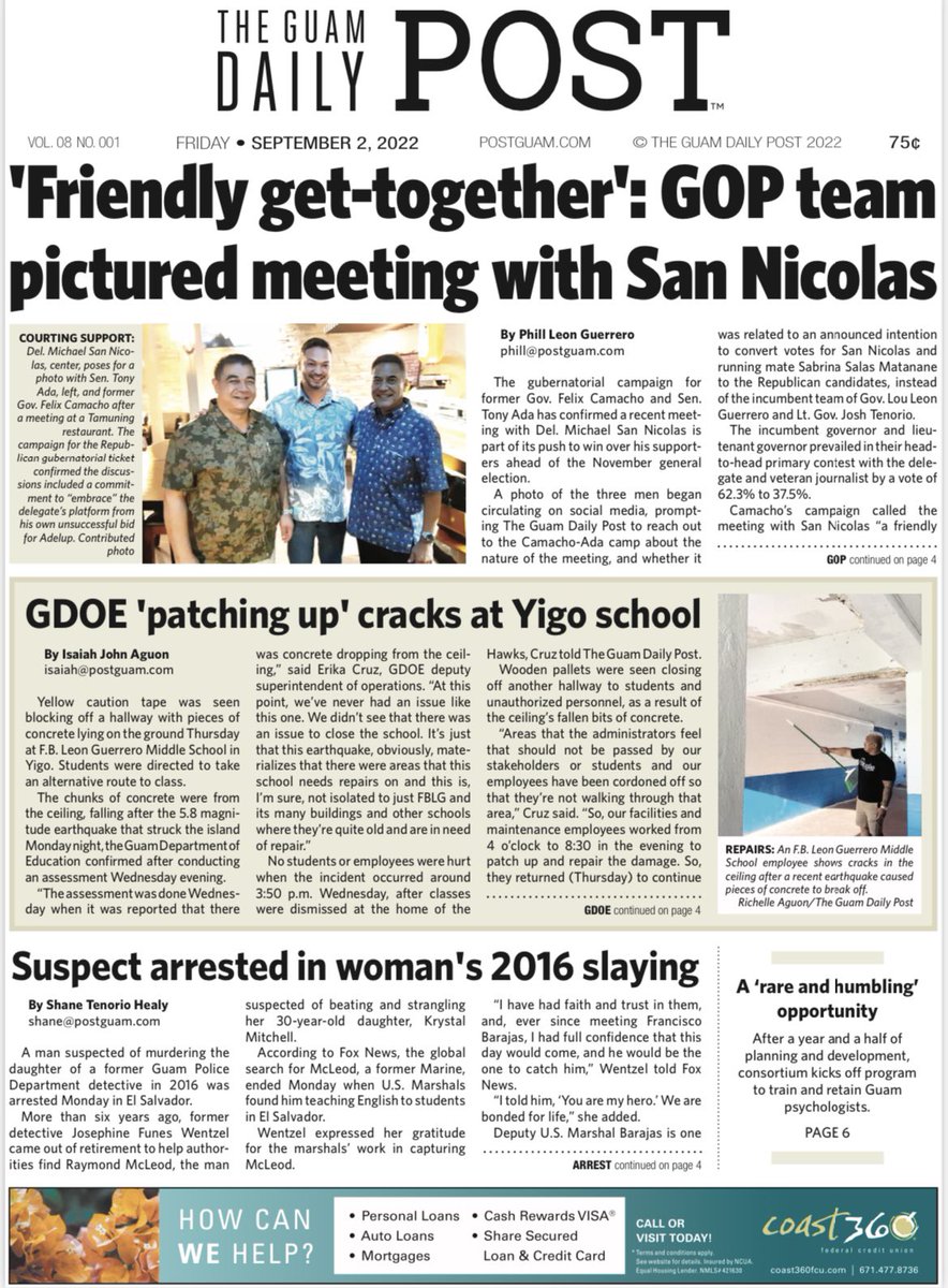 PostGuam's tweet photo. Hafa Adai and good morning!

Here’s todays front page of The Guam Daily Post!

For these stories and so much more, visit https://t.co/Cas96Yi2Cr 

#StayPOSTed #postguam https://t.co/zOD8VuvtaP