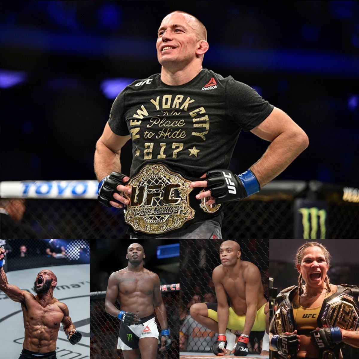 Greatest Of All Time

1.GSP
2.Mighty Mouse
3.Jon Jones
4.Anderson Silva 
5.Amanda Nunes 

The most Dominant fighters I’ve had the privilege to watch #MMA https://t.co/xQu21JEffs