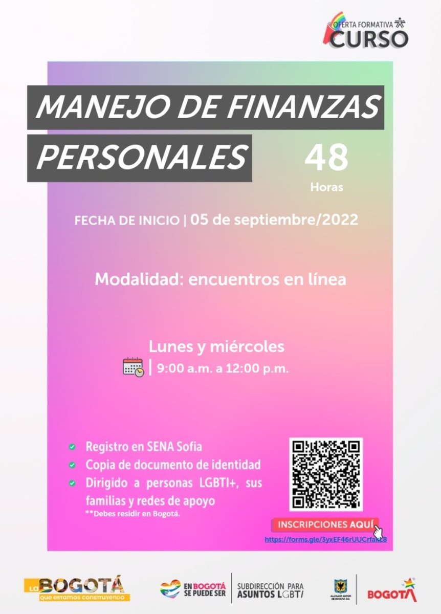 SubLGBTI's tweet photo. 🏳️⚧️🏳️🌈 Últimos cupos de oferta @SENAComunica #SubLGBTI de septiembre en cursos de: Manejo de finanzas personales (en línea), Manejo básico de máquina plana y fileteadora (Casa LGBTI Zona Centro),Inglés básico I (Casa LGBTI Sebastián Romero).
Inscríbete : https://t.co/XjkVgce0PB https://t.co/5xSLCNF42w