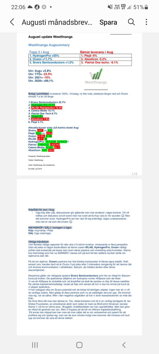 westfinangs's tweet photo. Bifogar vårt Augustibrev som slutade i dur efter tvära kast! #HydrogenPro upp ca 55% och ny klar 2:a. Övriga bolag hos oss, #SiversSemiconductors #IRLAB #CTM #Absolicon #Plejd #Ovzon samt #PatriotOneTech https://t.co/DZp5Gzs8GN