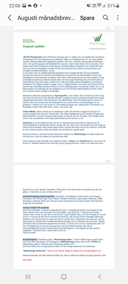 westfinangs's tweet photo. Bifogar vårt Augustibrev som slutade i dur efter tvära kast! #HydrogenPro upp ca 55% och ny klar 2:a. Övriga bolag hos oss, #SiversSemiconductors #IRLAB #CTM #Absolicon #Plejd #Ovzon samt #PatriotOneTech https://t.co/DZp5Gzs8GN