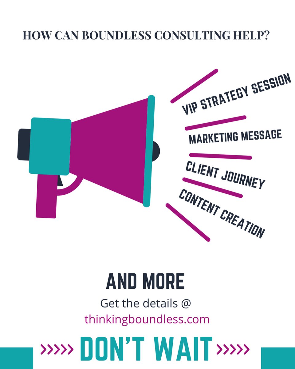 DePerrilloux's tweet photo. How can Boundless Consulting help you? Simple - we sustain your business. 

VIP STRATEGY SESSION -> 6 hours of intensive work on your business 

Marketing Message Program -> We review everything for your business and connect all parts.  Boundless Consulting makes sure to speak to https://t.co/vn9ysFzQqe