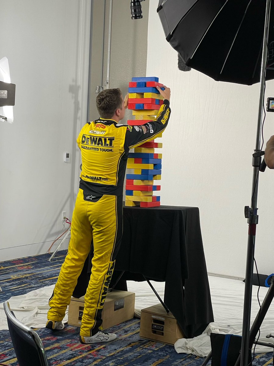 JoeGibbsRacing's tweet photo. Rumor confirmed. @CBellRacing is truly so good at Jenga that his only worthy opponent is himself. #jengamaster #NASCARPlayoffs https://t.co/81xDrnYEkp