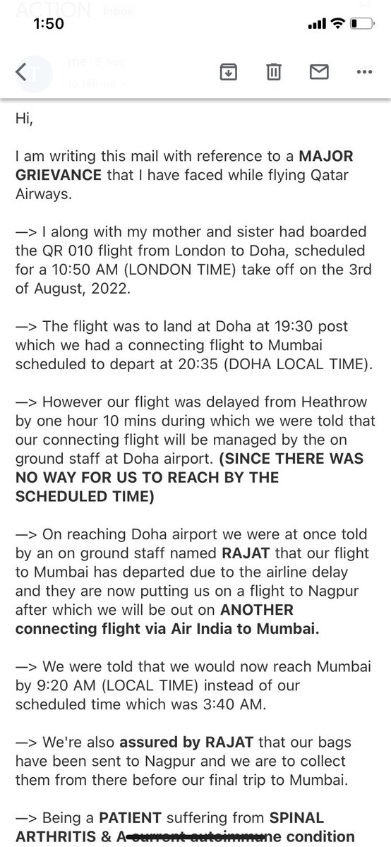 TrulyTani's tweet photo. 1.)Travelled via @qatarairways for the first time  (London to Mumbai) &amp; had the worse experience!
1 detour, late baggage, stolen stuff &amp; ILL HEALTH later they don’t even bother to reply to their mails let alone compensate! #QatarAirways #travel #lostbaggage #london #doha #Mumbai https://t.co/zYXCcjEV1H