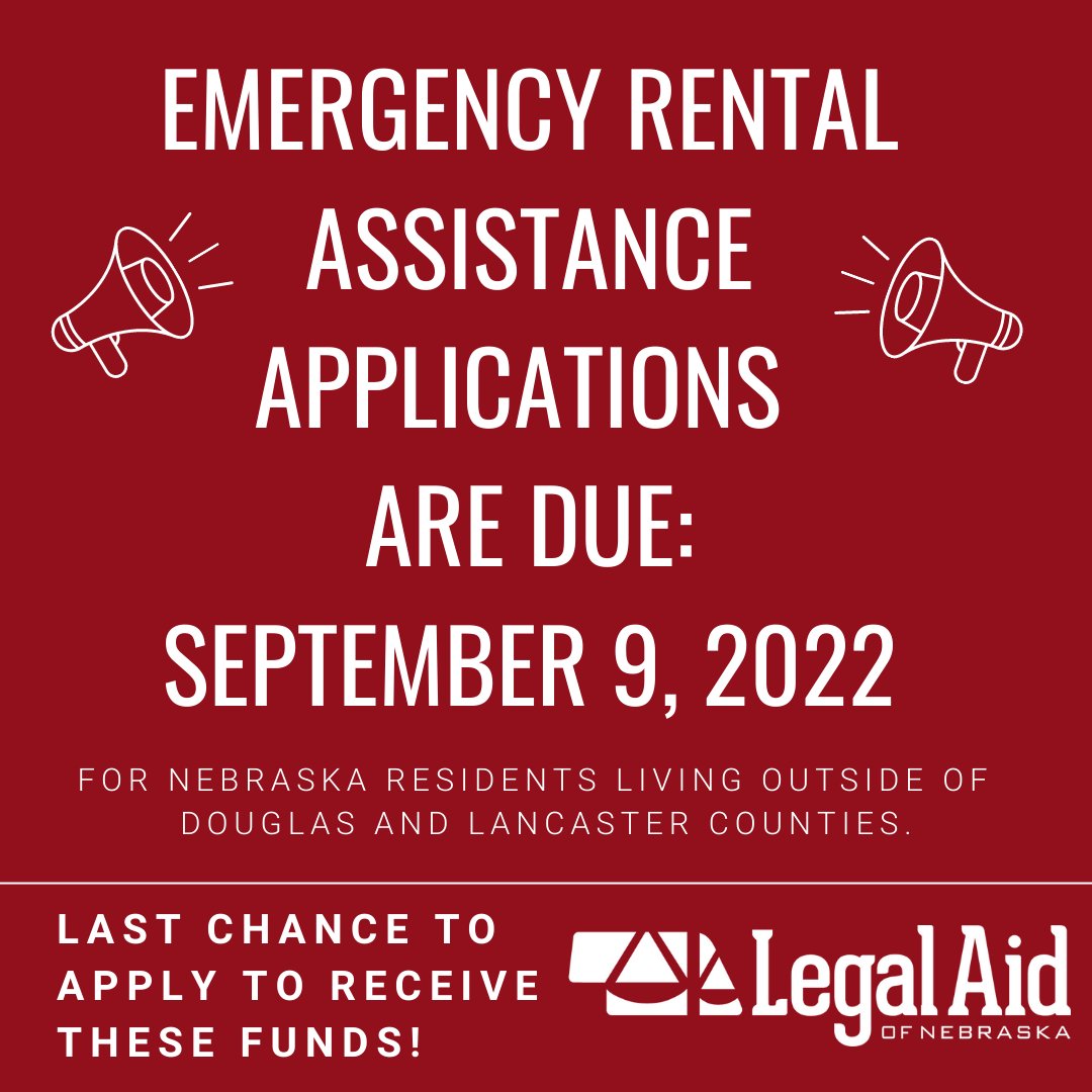❗️❗️ EMERGENCY RENTAL ASSISTANCE APPLICATIONS ARE DUE SEPTEMBER 9, 2022 ❗️❗️
* For Nebraska residents living outside of Douglas and Lancaster counties* 

APPLY TODAY: buff.ly/3RyL7Db

From <a href="/NIFAHousing/">Nebraska Investment Finance Authority</a> : ⬇️