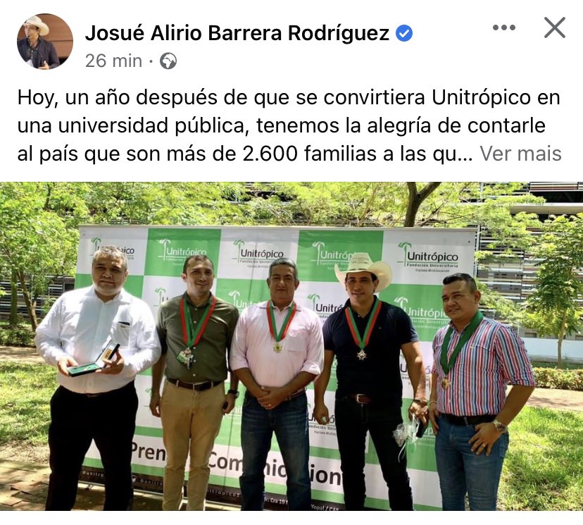 Después de 28 años Colombia tiene universidad pública, todo esto gracias al compromiso irrestricto del Gbno de <a href="/IvanDuque/">Iván Duque 🇨🇴</a> <a href="/mariapcorrea/">Maria Paula Correa F.</a>; y especialmente al sentido de pertenencia y berraquera de <a href="/JAlirioBarreraR/">Alirio Barrera🐴</a>; gracias a este equipo hoy Casanare tiene educación de calidad 🇨🇴🇧🇫