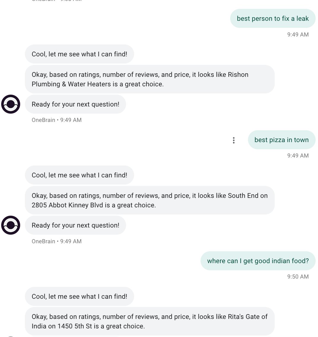 SudoSharma's tweet photo. Applying @ycombinator  Startup School lessons!

Instead of waiting to launch a feature-heavy version of my product, I've launched v1 - an AI assistant @OneBrainAI  that finds the best option. 

Text +1 (213) 577-2447 to try it out!

#agile #launchOften #minimalist #startups https://t.co/YJJv2BgVbu