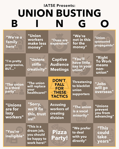 The_UWUA's tweet photo. As long as bosses keep trying to stop us from organizing for the workplace conditions we deserve, workers will keep uniting to expose their union-busting tactics! Shout out to @IATSE for the new bingo board! #UnionBustingIsDisgusting #UnionsForAll https://t.co/6c75E6wSEn