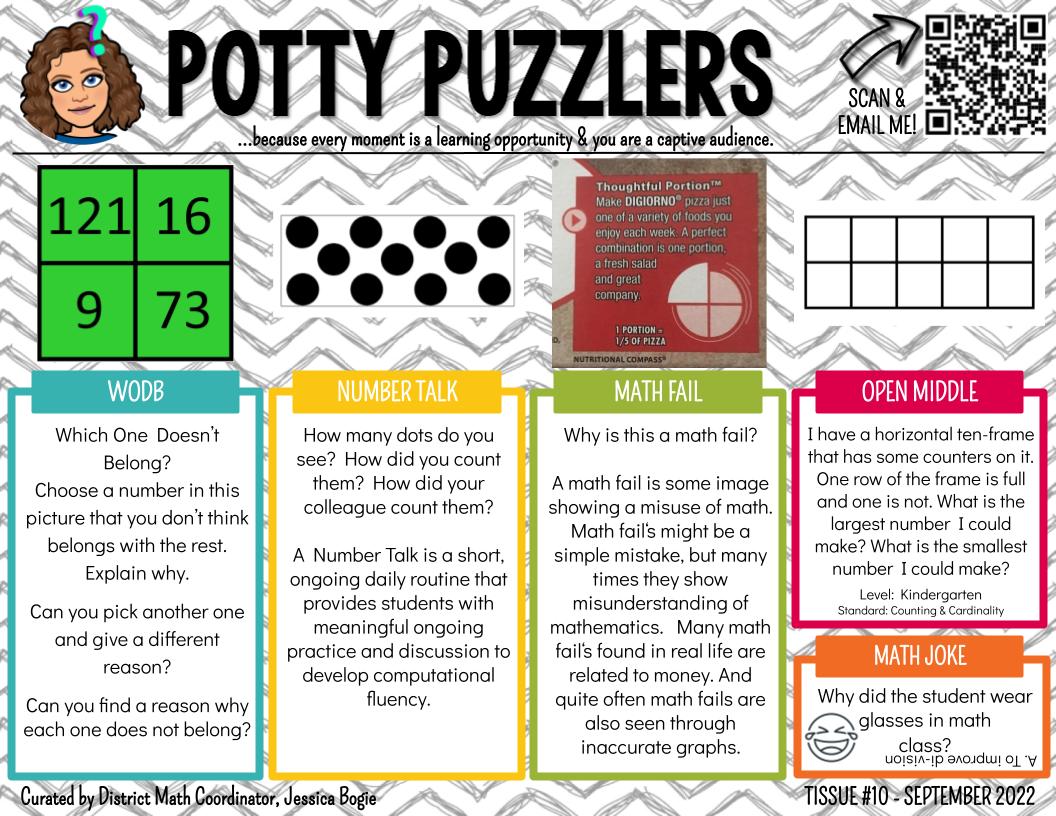 Jessica Bogie (@msjbogie) on Twitter photo Every month last year, I hung Potty Puzzlers in the bathrooms at the District Office because one of my goals as Math Coordinator was to get EVERYONE thinking & talking about math. This is the first issue for the 2022-2023 school year. <a href="/ipsd204/">Indian Prairie 204</a> #IPSDMath #iteachmath Every month last year, I hung Potty Puzzlers in the bathrooms at the District Office because one of my goals as Math Coordinator was to get EVERYONE thinking & talking about math. This is the first issue for the 2022-2023 school year. <a href="/ipsd204/">Indian Prairie 204</a> #IPSDMath #iteachmath