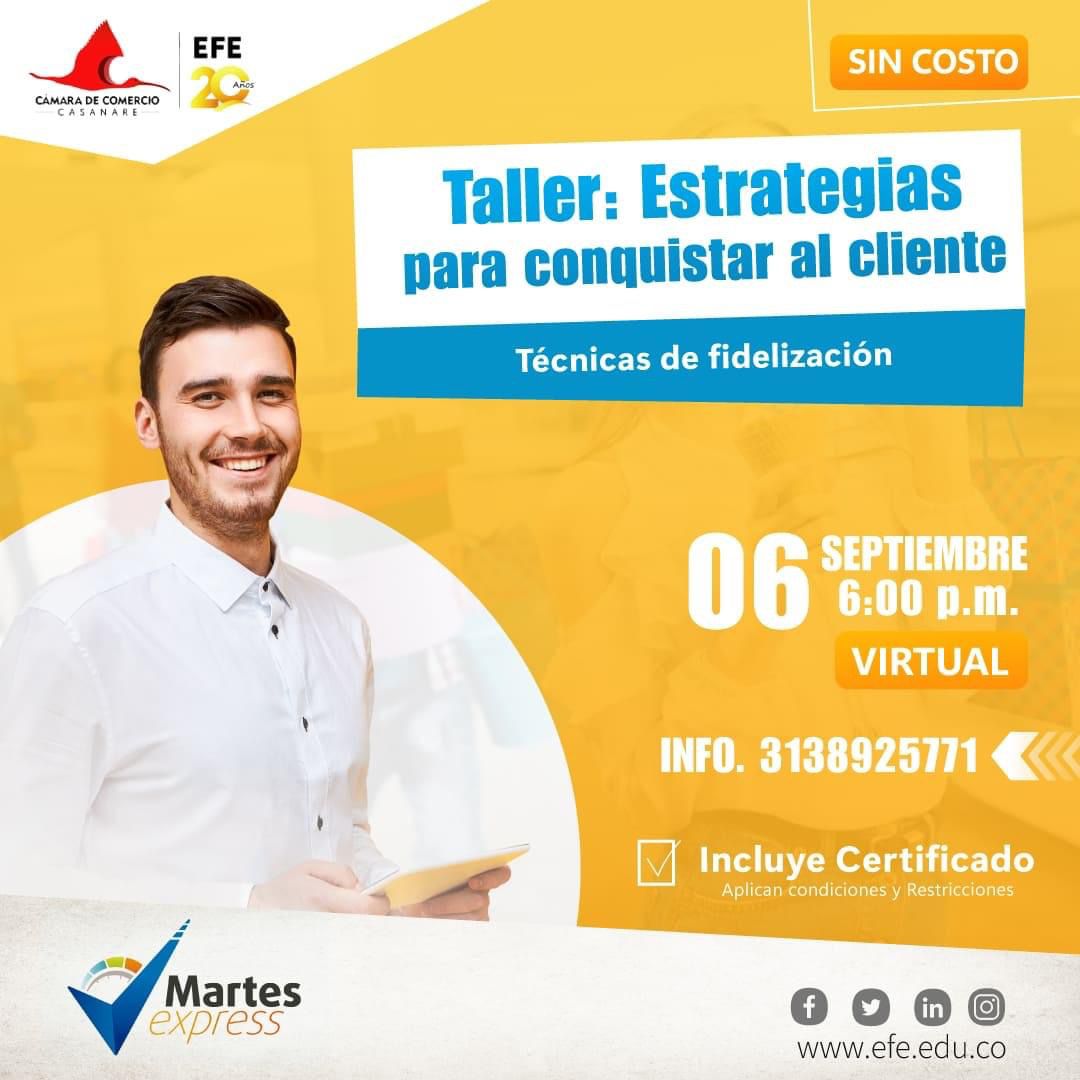 CCCASANARE's tweet photo. Prográmate en #Septiembre con @somoslaefe en los #MartesExpress con el #Taller Estrategias para conquistar al cliente. 🛍
🪪Separa tu cupo a través de:👉 https://t.co/3M4BQRRogy 👈
Línea EFE: 313 892 5771📲
Formación #Sincosto https://t.co/HWnGw35Enl