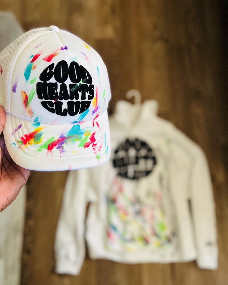 Good hearts club paint splattered trucker hats &amp; hoodies drop next Friday September 9th 🎨