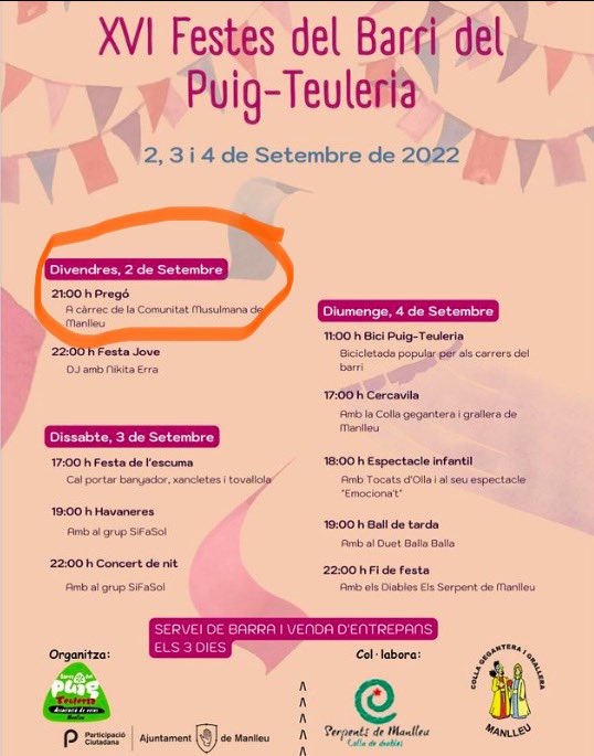 jaume_osona's tweet photo. L’Ajuntament de Manlleu d’@Esquerra_ERC ha convidat a l’Associació Salafista a fer el pregó de les festes del barri del Puig-Teuleria. 

Sense comentaris

Manlleuencs continueu votant als islamistes d’ERC… https://t.co/8IbM2EkFxM