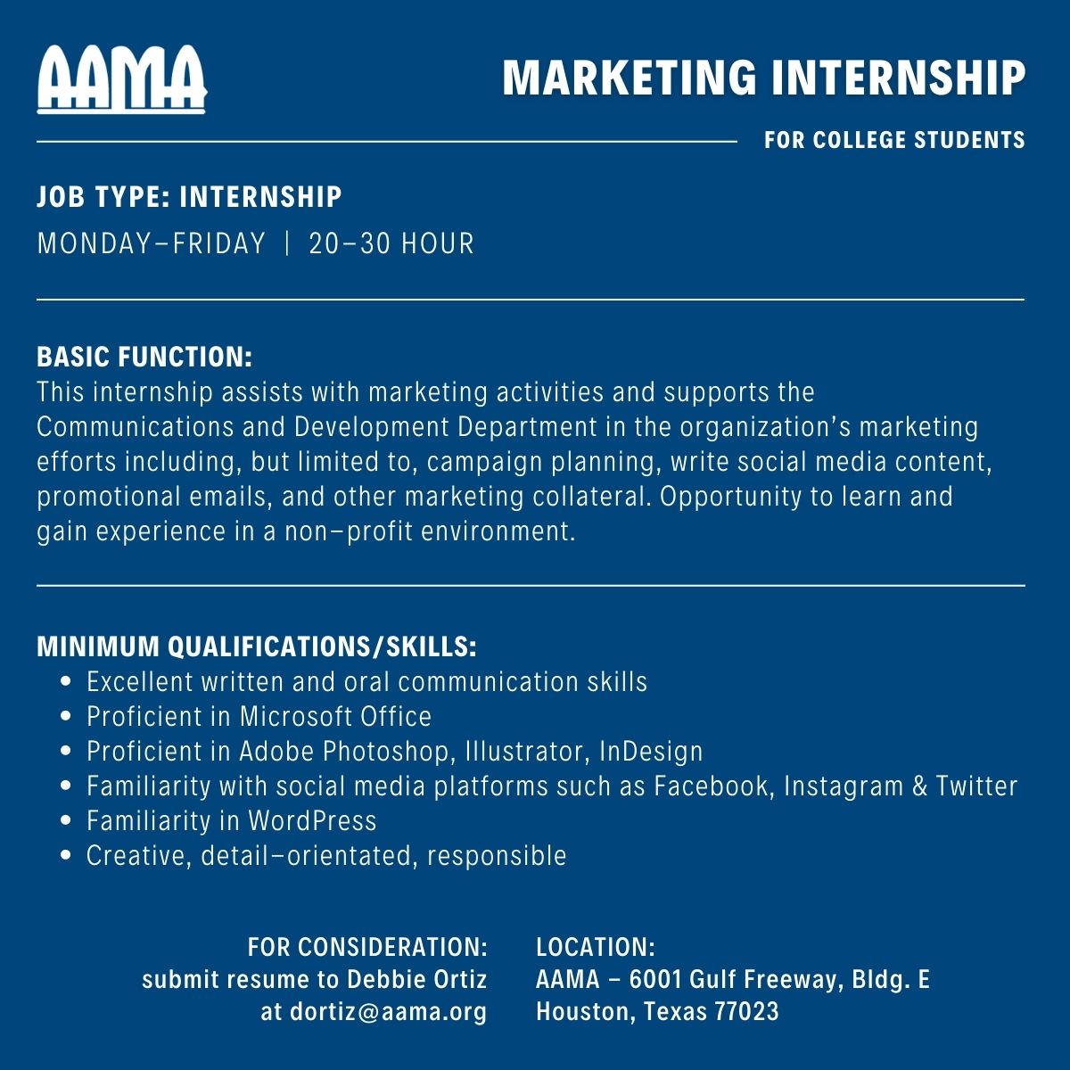 AAMAInspire's tweet photo. marketing skills in a professional work environment.
Please submit your resume to dortiz@aama.org
https://t.co/2XMRLxx0zd (2/2) https://t.co/FsZ69dXqDJ