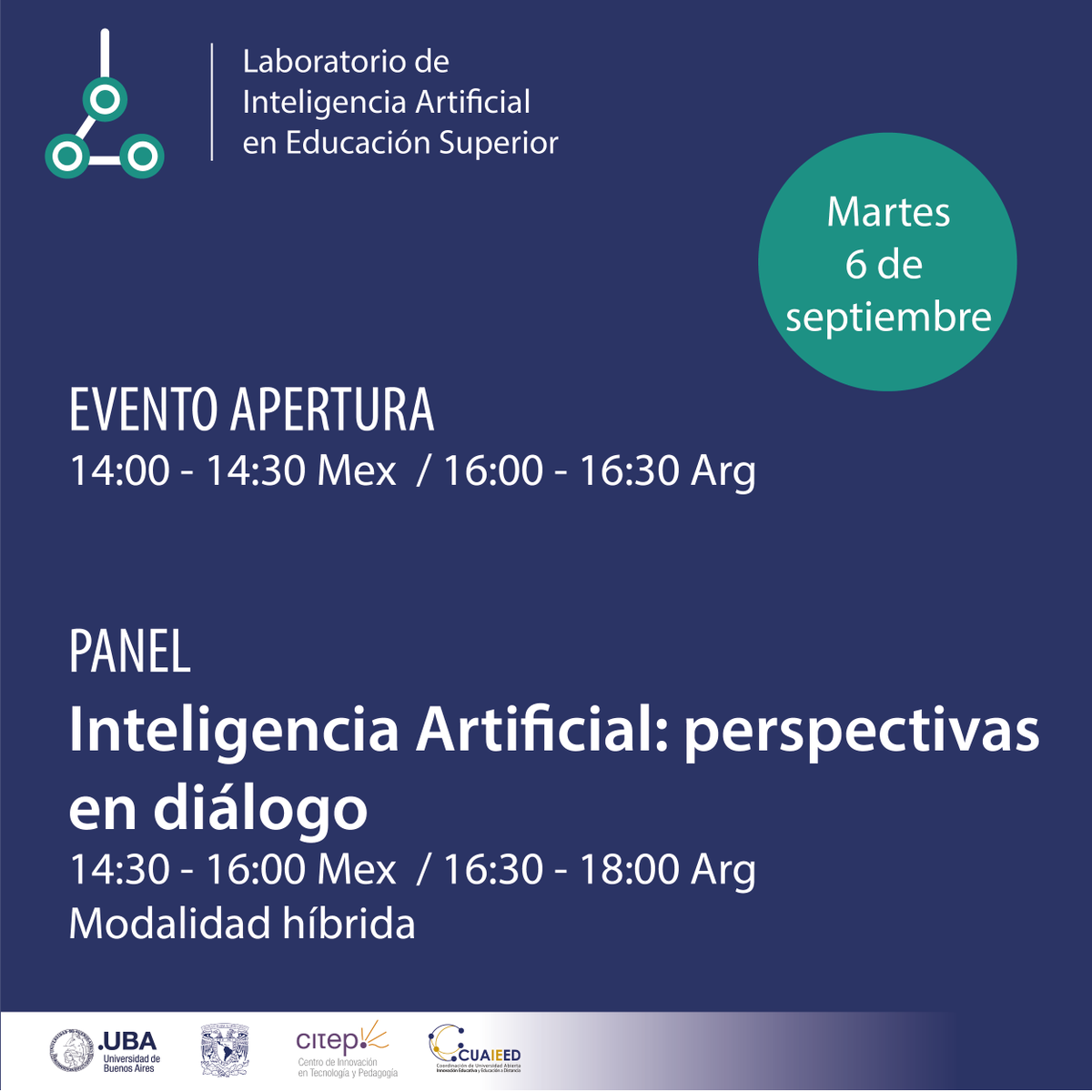 CitepUBA's tweet photo. Presentamos "Miradas sobre la Inteligencia Artificial. Representaciones colectivas"👉 primer eje del Laboratorio de Inteligencia Artificial en Educación Superior, organizado junto a @cuaieedunam
📅 ¿Cuándo? 6 y 7 de septiembre (+)
@uba_ar @academicauba @unam_mx https://t.co/8Ynby2glN8