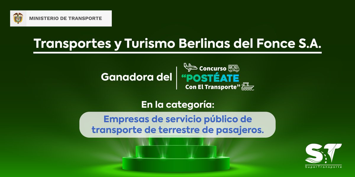 Felicitamos a la empresa ganadora de #PostéateConElTransporte en la categoría de las empresas de servicio público de transporte de terrestre de pasajeros. <a href="/Berlinasdelfonc/">Berlinas Del Fonce</a>