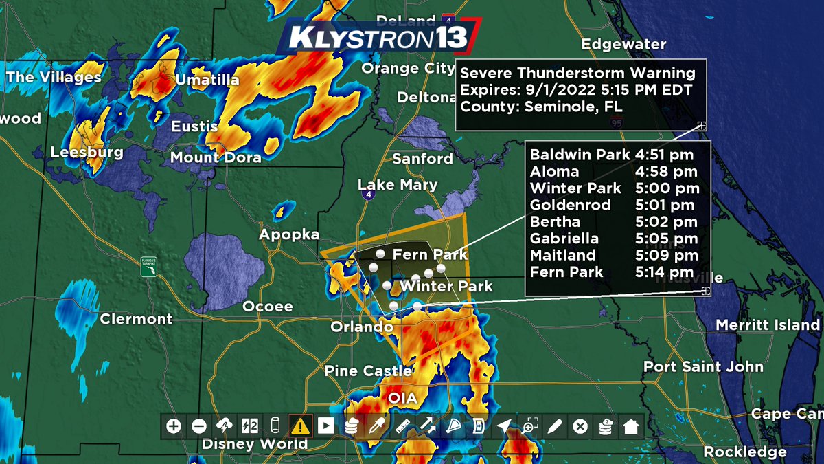 MyNews13Weather's tweet photo. A Severe Thunderstorm Warning issued for southwestern Seminole and central Orange counties until 5:15pm. Storm capable of 60mph wind as it moves northwest at 15mph. https://t.co/t5Sc6LZzRO