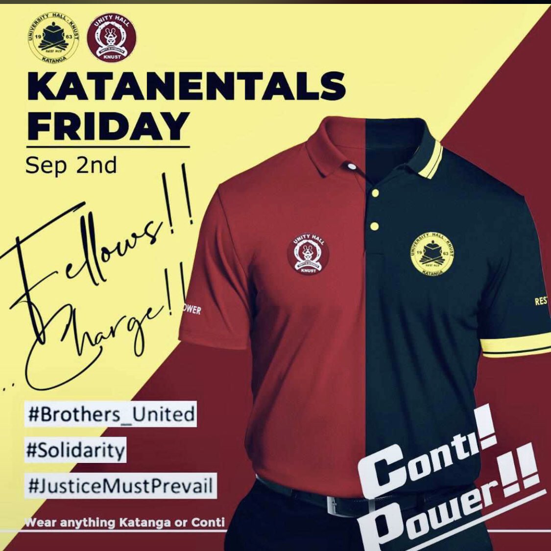 watsuptek's tweet photo. Matters Arising [#BringBackJCRCs] 
   
It’s a Katanental Friday 🔥🔥🔥
 Tomorrow we wear anything Katanga or Conti🖤💛🖤💛❤️❤️❤️❤️

#KNUST 
#WatsuptekConnects https://t.co/JzKseJKXoI
