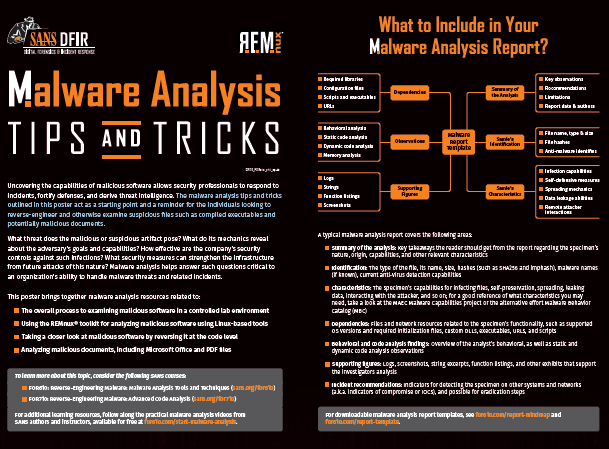 sansforensics's tweet photo. NEW #DFIR POSTER | #MALWAREANALYSIS:TIPS &amp; TRICKS by #FOR610 course author @lennyzeltser
This poster provides a starting point to reverse-engineer &amp; examine suspicious files like compiled executables &amp; potentially malicious documents.
DOWNLOAD IT NOW! 👉 https://t.co/2uKrw5x6TZ https://t.co/9VcVhsGhqo