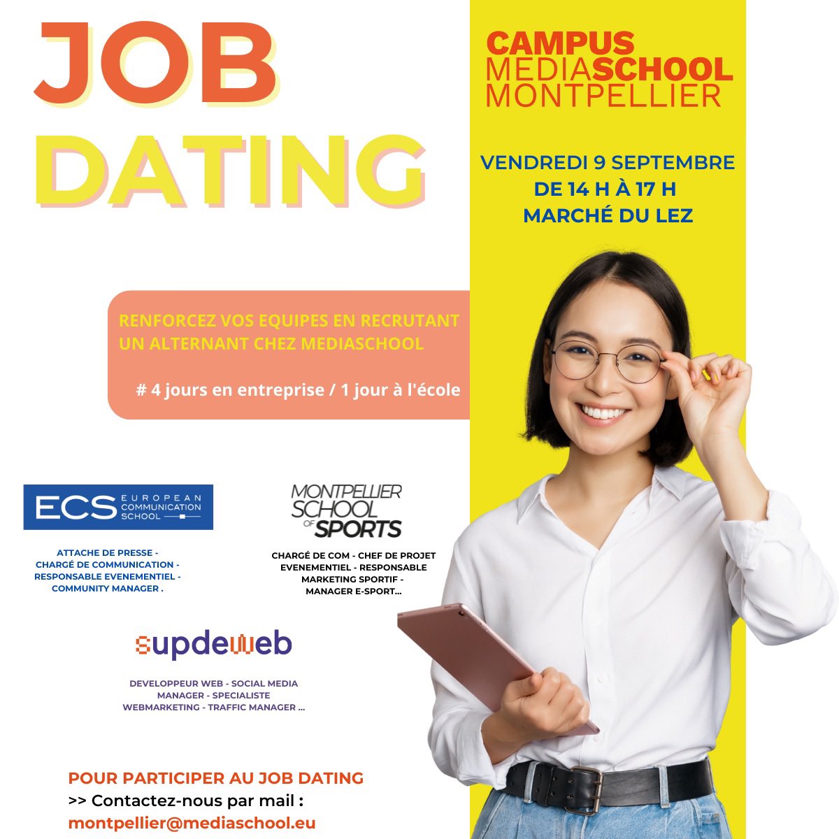nperez_conseil's tweet photo. Rejoignez nous vendredi 9 septembre sur le campus @MS_Montpellier au  @marchedulez pour une après-midi job dating ! https://t.co/L0EWcL4FUh