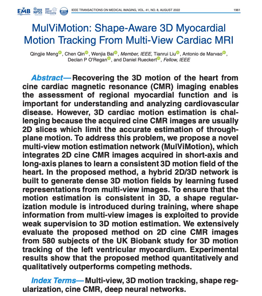 qmeng99's tweet photo. How to estimate 3D motion of the heart from 2D cardiac MRI? Our recent @IEEE_TMI paper addresses this challenge. 2D Multi-view CMR images are used to guarantee the estimation of both in-plane and through-plane motion. @BioMedIAICL @ICComputing @uk_biobank @TheBHF @MRC_LMS https://t.co/jSF6tmBLDS