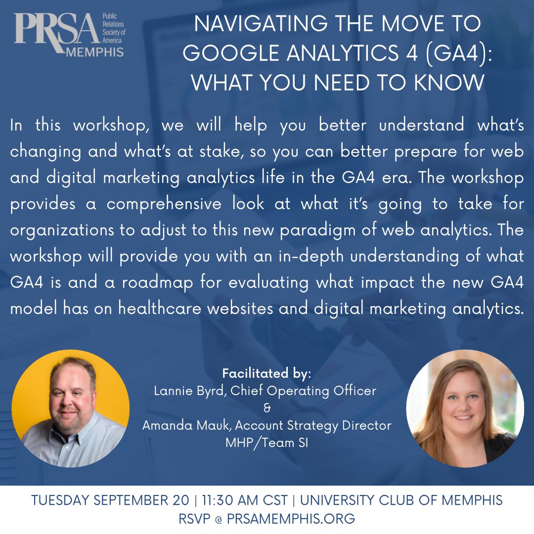 PRSAMem's tweet photo. Join us for our second professional development session of the year!
RSVP at https://t.co/exeDqQfZXd.
#professionaldevelopment #googleanalytics #prsa #prsamemphis https://t.co/vjayw4ZXjJ