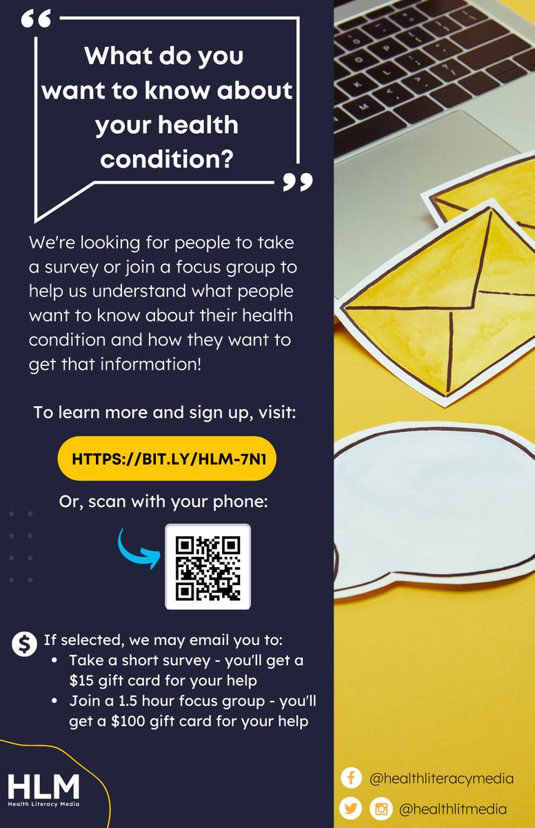 We’re looking for people with certain health conditions to share their thoughts on health information by taking a survey or joining a focus group! To sign up, click here and answer a few questions: bit.ly/HLM-7N2