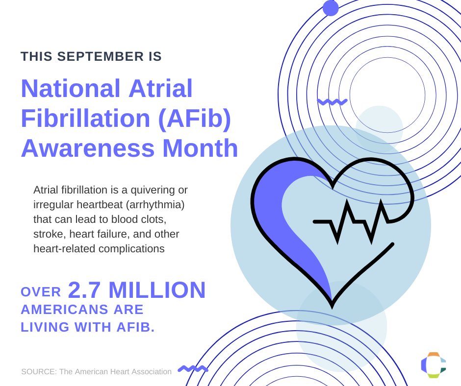 casanacare's tweet photo. September is National Atrial Fibrillation Awareness Month!
Knowing the symptoms and risks of AFib can save lives. A quivering or irregular heart beat is worth looking into. Don't wait to learn more.
#KnowTheWarningSigns #NationalAFibMonth #AFib #DigitalHealth #CardioTwitter https://t.co/EjZNibKaDH