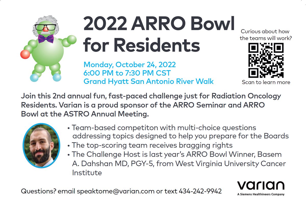 radioisomer's tweet photo. 📡 Paging all #radonc residents! 📡

I'm excited to officially announce this year's ⁦@ARRO_org⁩ Resident Jeopardy at #ASTRO2022 in San Antonio 🎉🎉🎉

Notably changing from last year is the use of a team-based format. Come show us what you got! 

More details to follow... https://t.co/WxFVDirJGb