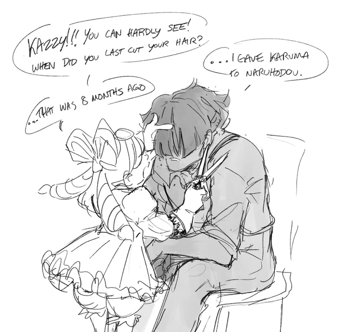 (dgs) just a quick doodle but I want Iris to adopt asougi so bad. Also he can't tie his hair back yet bc he looks too much like genshin and it hurts 