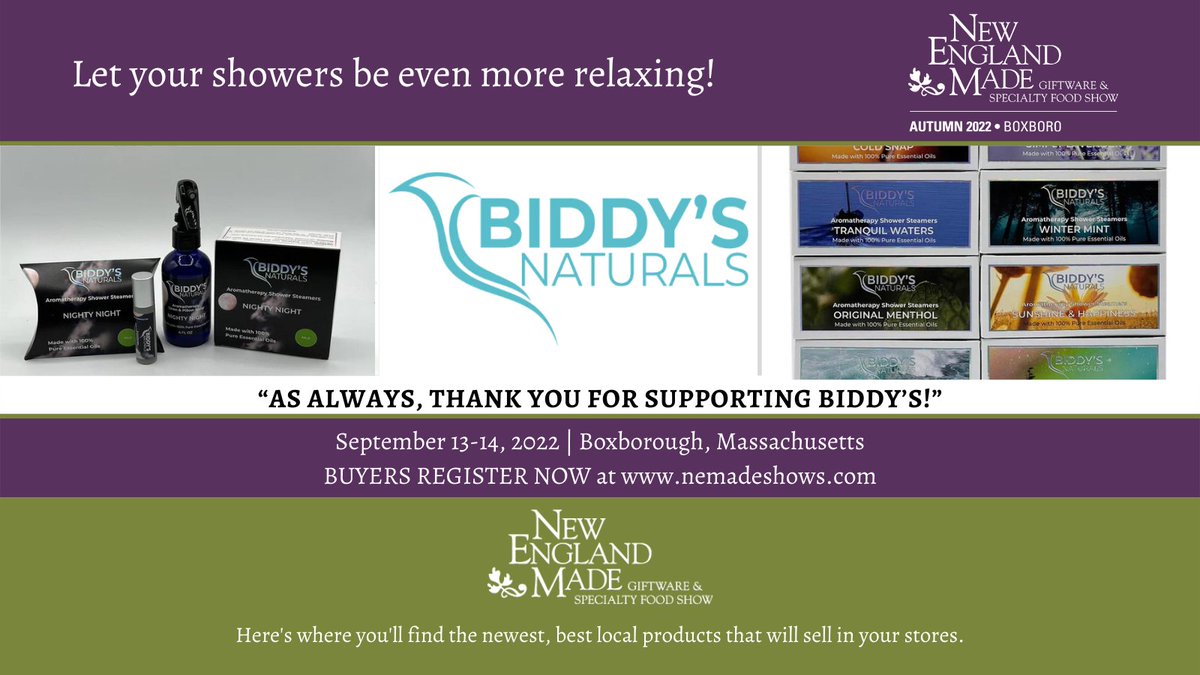 NEmadeshows's tweet photo. Don't miss Biddy’s Naturals &amp; their shower steamers on September 13-14, 2022 at this years New England Made Giftware &amp; Specialty Food Show in Boxborough, Massachusetts. For more information visit https://t.co/WZeWmFwz8T &amp; register today! #nemadeshows #nemade #newenglandmade https://t.co/mnHlhJ4n01