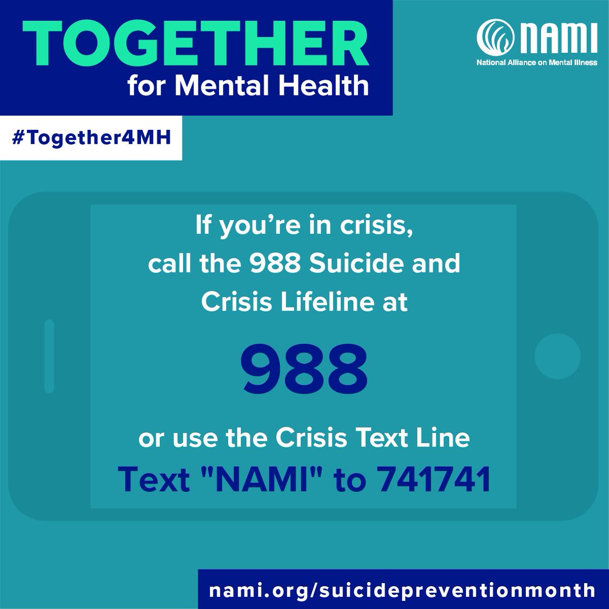 September is #NationalSuicidePreventionAwarenessMonth.

Learn more about #SuicidePrevention resources here: nami.org/Get-Involved/A…

If you or someone you know is in crisis, call the Suicide and Crisis Lifeline at 988 or the NAMI Helpline at nami.org/help.

#Together4MH