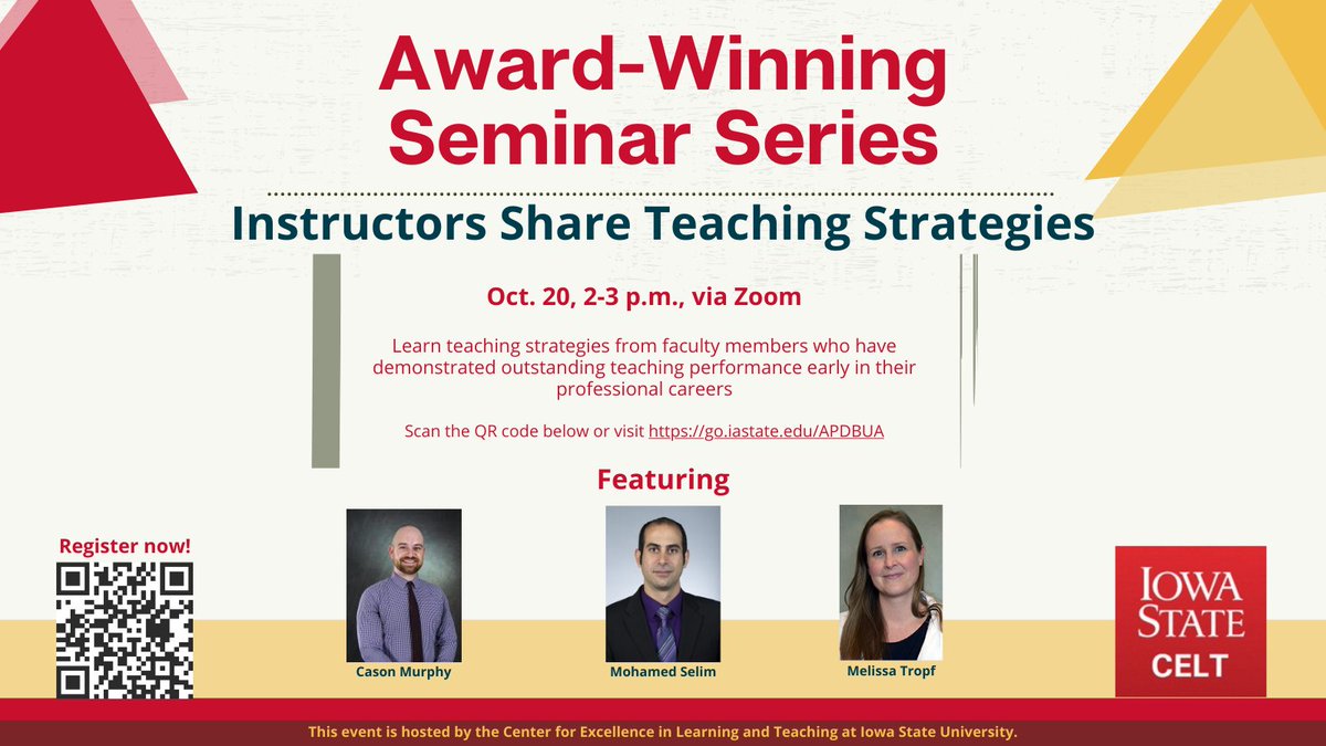 Our second Award-Winning Seminar Series will take place next week and is all about teaching strategies. Join three instructors as they share their best teaching strategies on Oct. 20 from 2-3 p.m. via Zoom. Find more info and how to register on our site - celt.iastate.edu/event/award-wi…