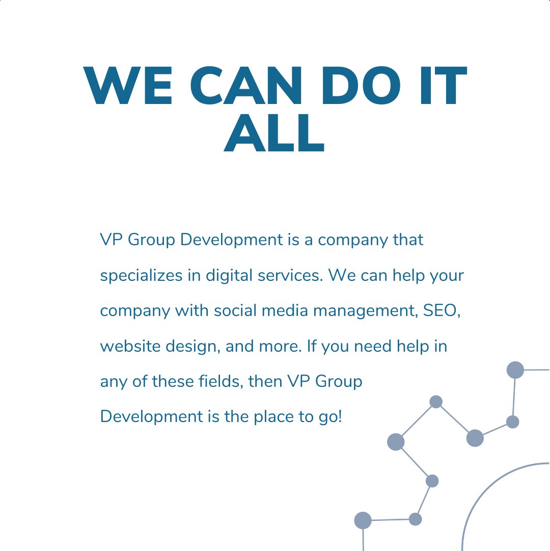 vpgroupdev's tweet photo. We can do it all
VP Group Development is a company that specializes in digital services. We can help your company with social media management, SEO, website design, and more. 
 #marketingplan #digital #marketingideas #digitalmarketingtips #creativeagency #emailmarketing https://t.co/f3pwbNnw6t
