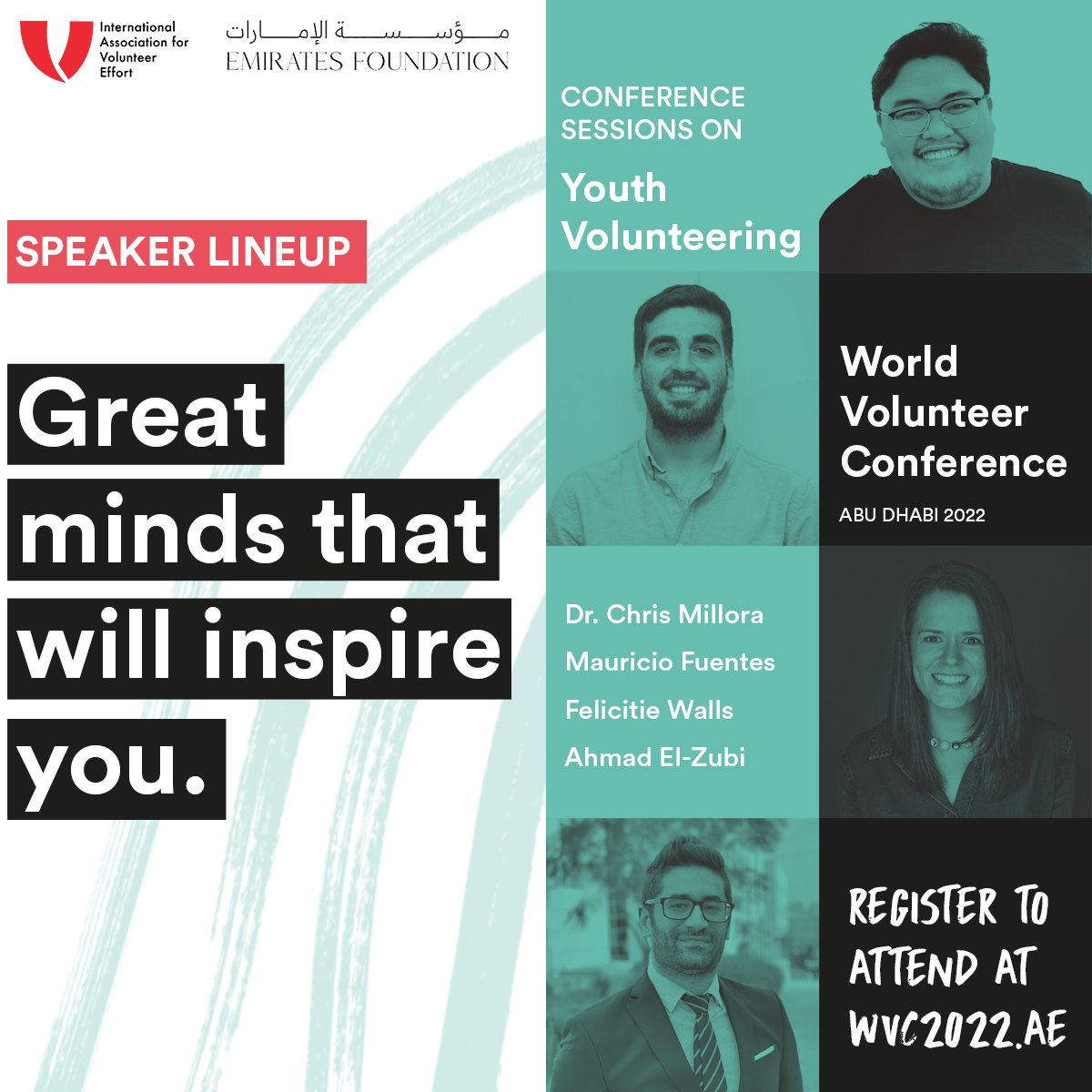 #SpeakersHighlight: Dr. Chris Millora, Mauricio Fuentes, Felicitie Walls and Ahmad El-Zubi will be presenting in sessions focused on #YouthVolunteering. Learn more about our inspiring speakers and register to join them in Abu Dhabi this October: bit.ly/wvcspeakers4
