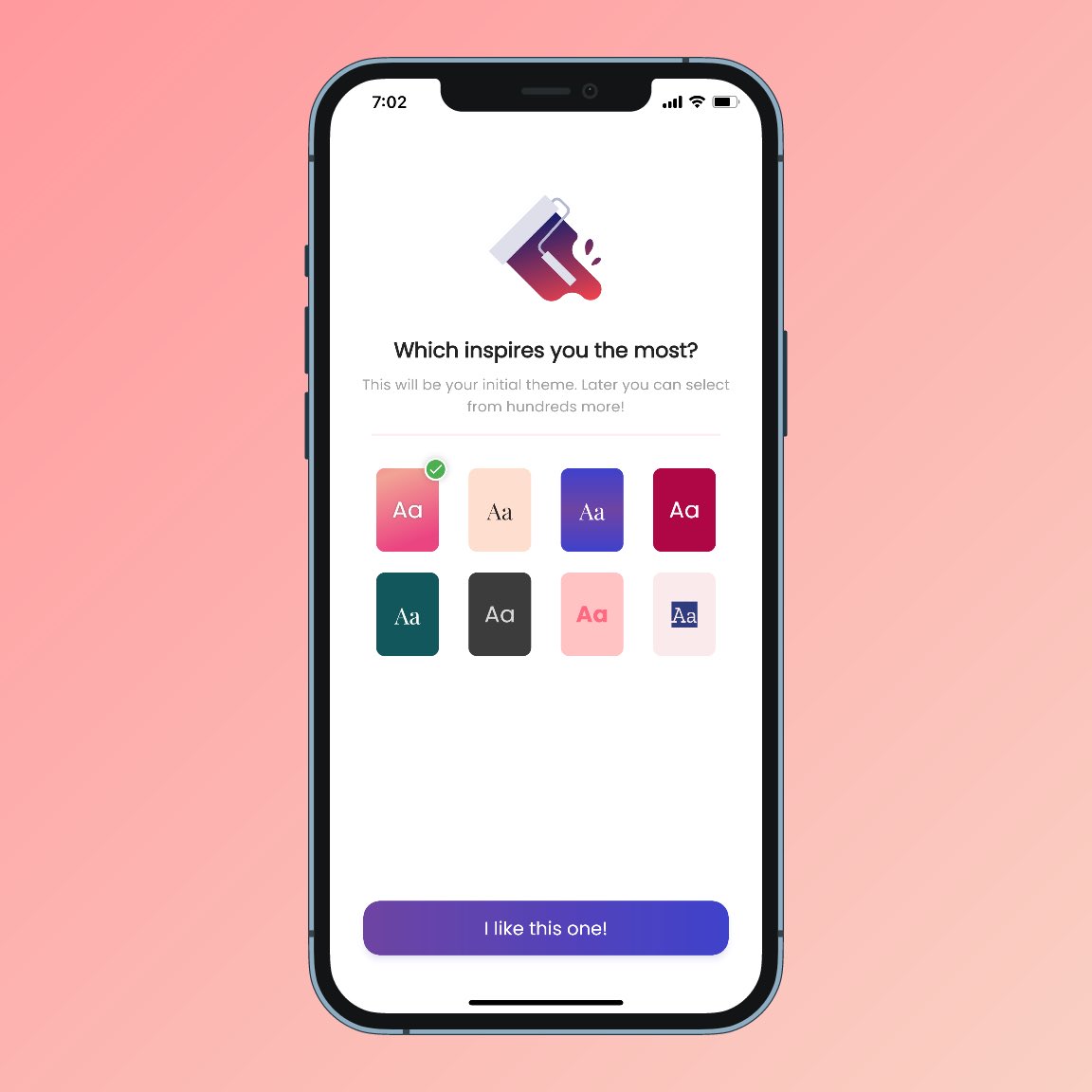 Working on a new screen for the onboarding flow, where users can select the initial theme. I always thought the initial theme was too girly but now users can select the one they like! 

Mock up by <a href="/AppulyApp/">Appuly - Create mockups</a> 

#flutterdev #flutter #buildinginpublic #indiedev #iosdev